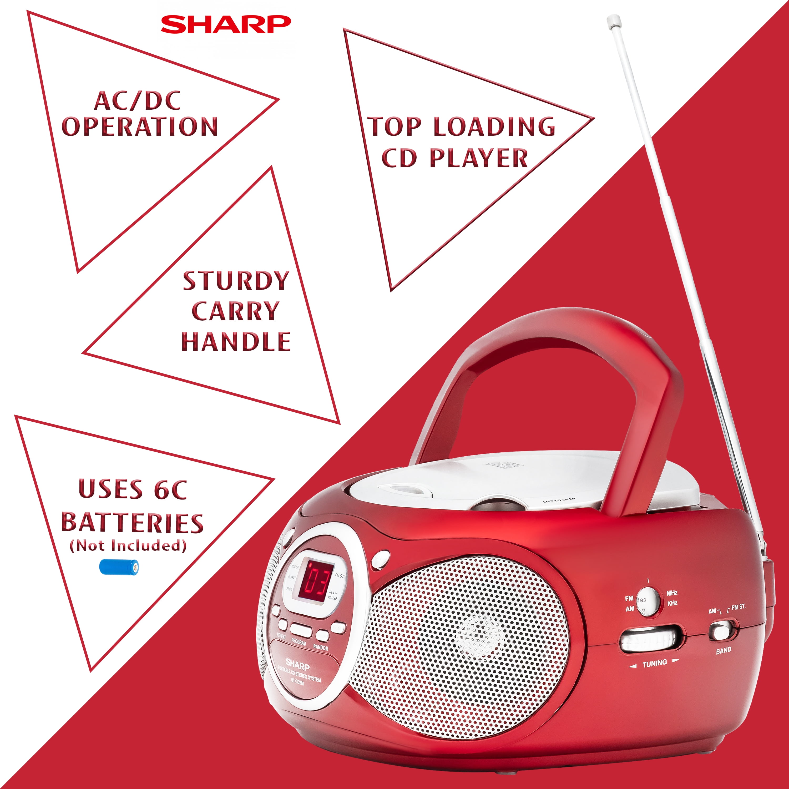 Sharp QT-CD280(RD) Portable CD Boombox with AM/FM Stereo Radio & Aux Input – Battery Powered, Red