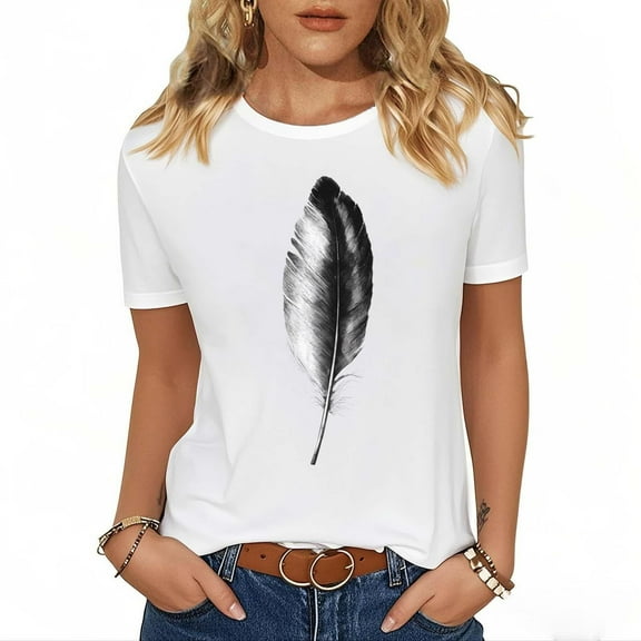Auroural Graphic Tees for Women Short Sleeve Shirts for Women Women's Feather Print Round Neck Short Sleeve T Shirt Top Womens Summer Tops White XXL