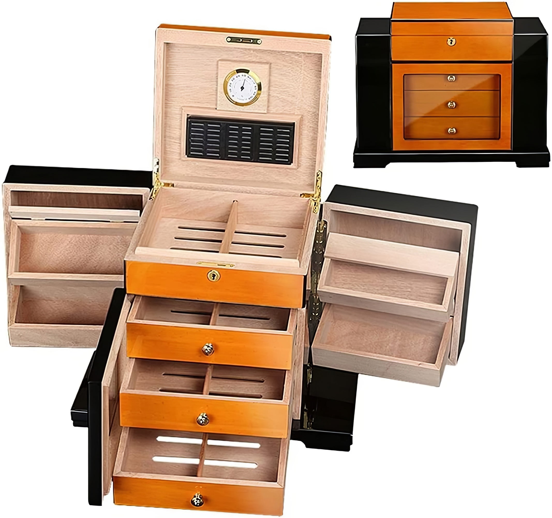 Baccus Desktop Cigar Humidor w/ Side Storage - High Gloss Two-Tone Finish - Capacity: 200