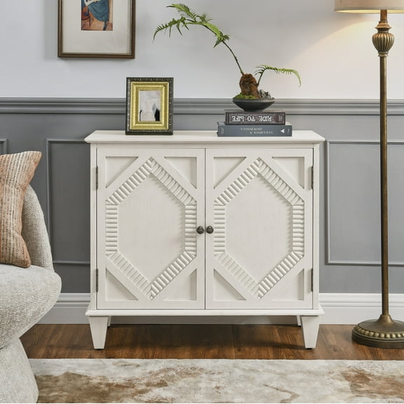 33.6" Retro Wooden Sideboard Buffet Cabinet with Storage, Geometric Accent Display Cabinets with Adjustable Shelf, Media Console Credenza for Living Room/Entryway/Dining Room/Kitchen, White