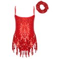 thumbnail image 2 of Miutii Kids Girls Sleeveless Latin Salsa Tango Ballet Fringed Tassel Dress Shiny Leotard with Headwear Red 6, 2 of 7
