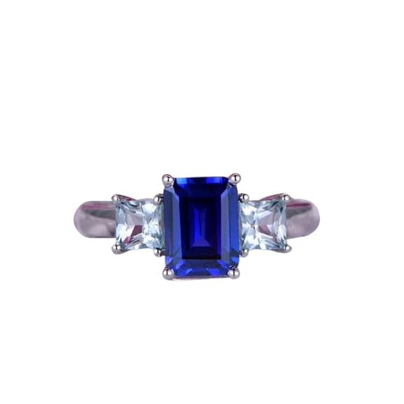 HeartsAndYou 2ct Natural Emerald Blue Sapphire Ring Trilogy Solitaire 14k SOLID White Gold