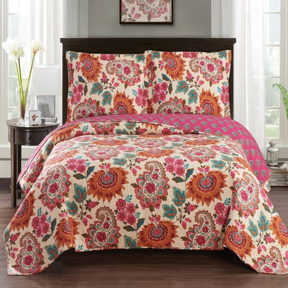 Oversized Tamiya Reversible Coverlet Set, Patchwork Printed Paisley Floral - Twin/Twin Xl