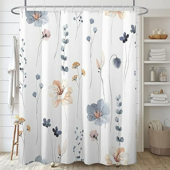 Watercolor Floral Shower Curtain Sets,Blue Beige Flowers Bathroom Curtains,Modern Minimalist White Bath Curtain, Waterproof Fabric 72x72 Inches