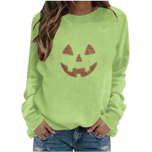 QINGFSAP Womens Halloween Rhinestone Sweatshirt Long Sleeve Crewneck Pullover Top Sparkly Ghost Design Loose Fall Wear