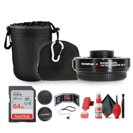 Olympus MC-14 M.Zuiko Digital 1.4x Teleconverter (V321210BU000) Bundle Including: 64 GB Memory Card, Lens Pouch, Lens Case, Lens Caps, Cap Keeper, Cleaning Kit, Card Reader, Card Wallet