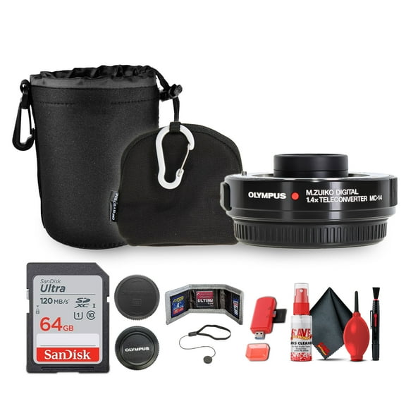 Olympus MC-14 M.Zuiko Digital 1.4x Teleconverter (V321210BU000) Bundle Including: 64 GB Memory Card, Lens Pouch, Lens Case, Lens Caps, Cap Keeper, Cleaning Kit, Card Reader, Card Wallet