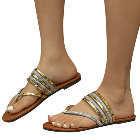 

ZIZOCWA Summer Women Flip Flops Bohemian Style Rhinestone Flat Bottom Clip Toe Sandals Outdoor Non-Slip Fashion Beach Womens Slippers Beige Size8.5