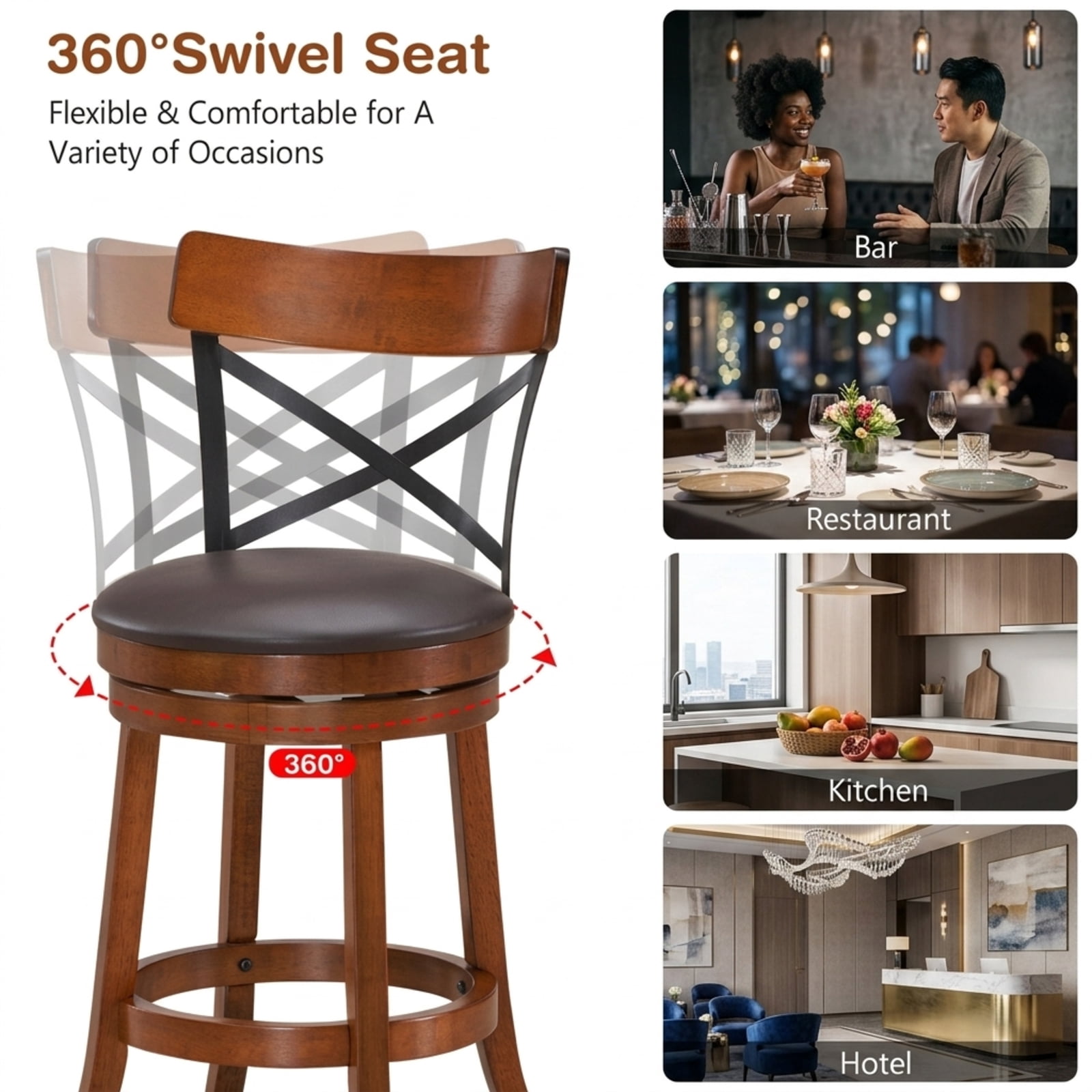 Furnibear Set of 2 Bar Stools 360-Degree Swivel Dining Bar Chairs with Rubber Wood Legs-25 inch for Kitchen Island Counter Bar Pub Dining, Walnut