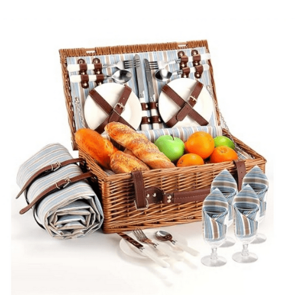 Picnic Basket for 4 Persons with Waterproof Picnic Blanket and Insulated Cooler, Large Wicker Picnic Basket for Camping, Outdoors, Valentine's Day, Mother's Day, Birthday, Wedding Gift