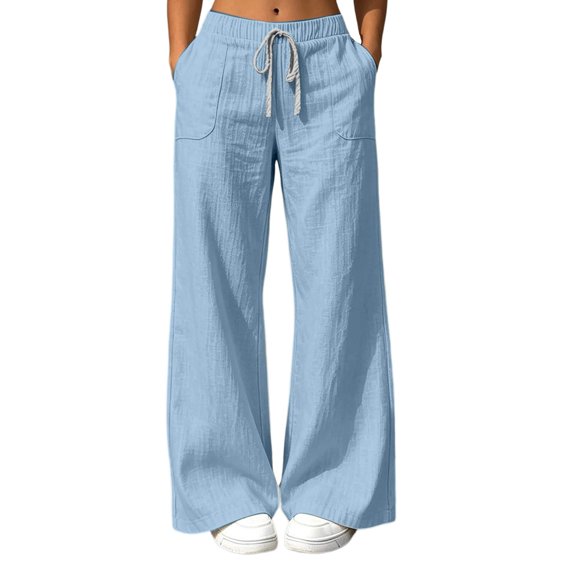 Wiholl Wide Leg Pants for Women Flowy Palazzo Drawstring Elastic Waist Trousers with Pockets Summer Beach Vacation Clothes