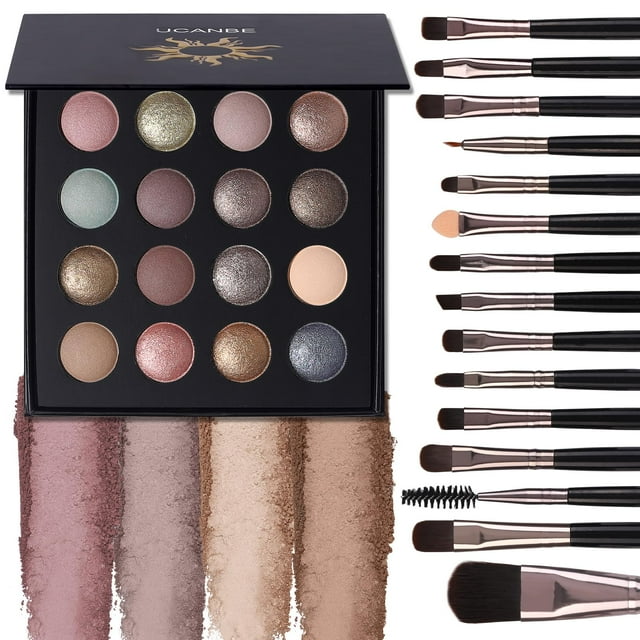 Paleta de sombras de ojos UCANBE Baked, juego de 16 colores con 15 pinceles