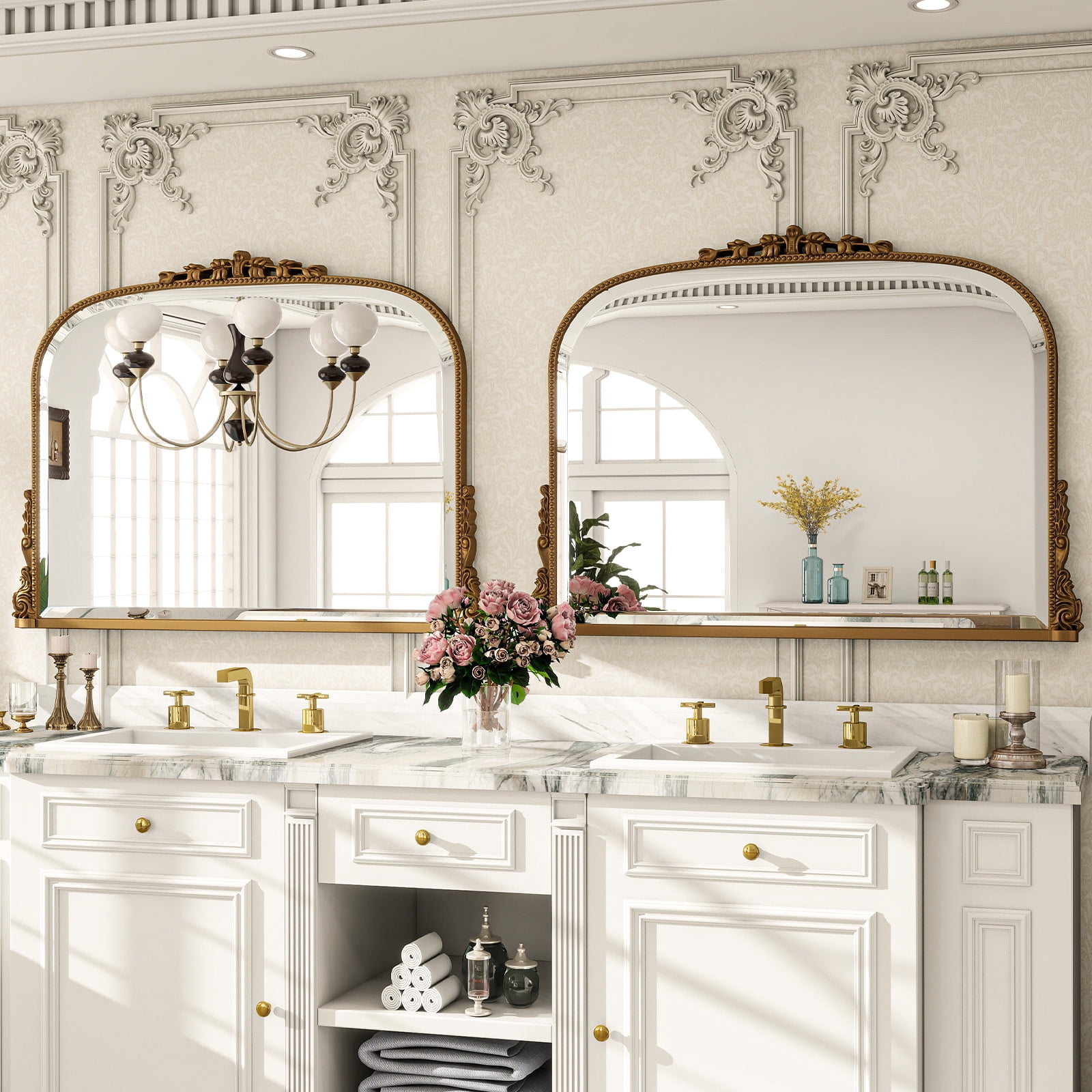 Lumora 36"x27" Vintage Bathroom Mirror Wall Mounted Arched Antique Mirror, Gold