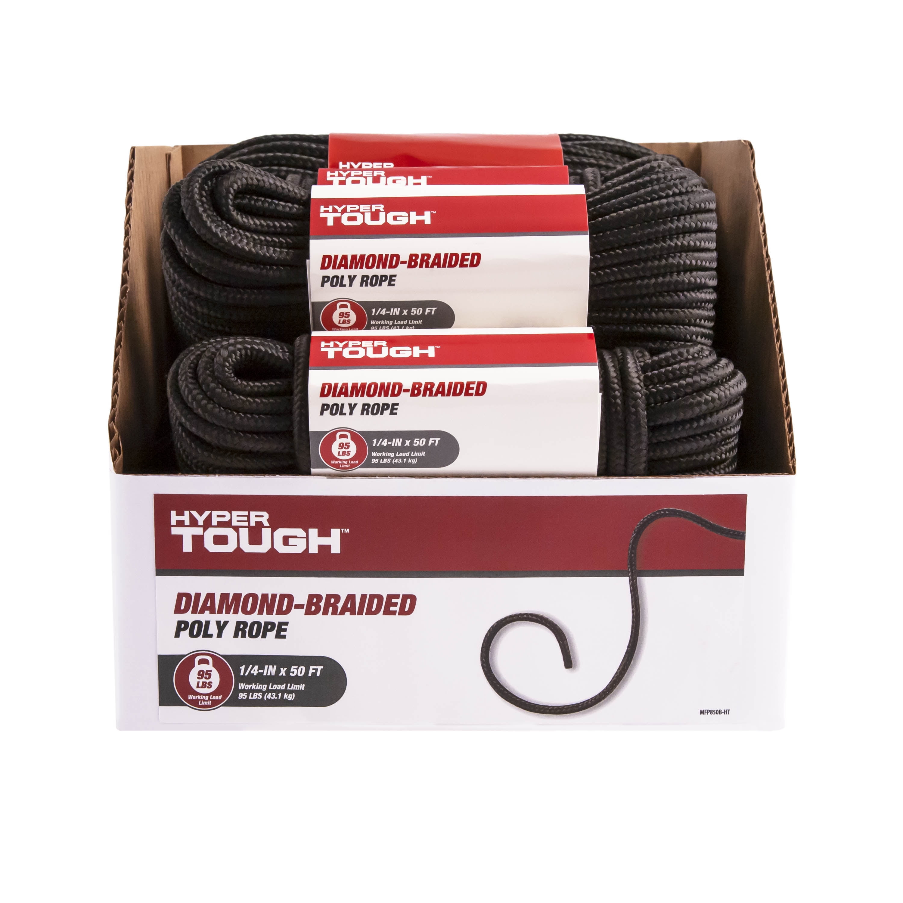 Hyper Tough Item MFP850B-HT, Polypropylene Diamond Braid Rope, Black, 1/4" x 50', 1 Each