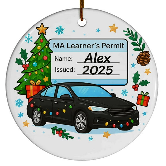 Personalized New Driver License Christmas Ornament, Learned to Drive, New to Driving, Custom Driver License Christmas Ceramic Ornament 2025, Sedan black car