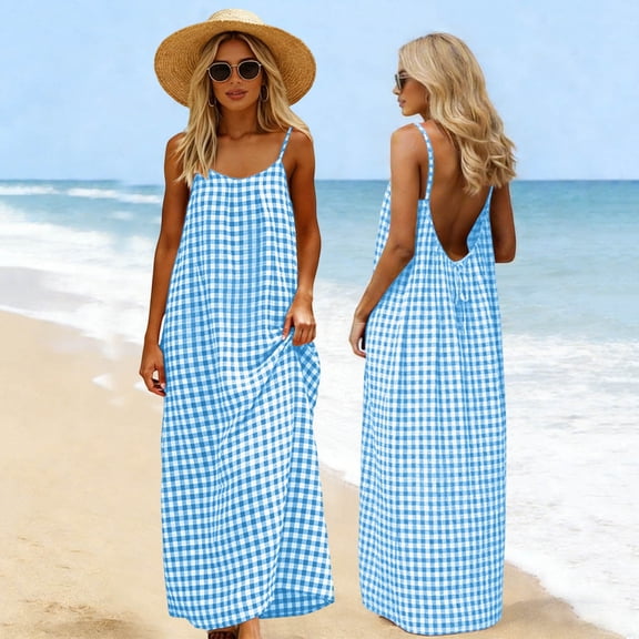 QUNYINEY Sleeveless Sundresses for Women Plus Size Plaid Cotton Linen Long Slip Dress Summer Open Back Crew Neck Relaxed Fit Beach Dresses