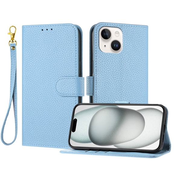 Wallet Case for iPhone 15, Lychee Texture PU Leather Flip Cover with Credit Card Slots Kickstand Wrist Strap Magnetic Closure Full Body Shockproof Drop Protective Phone Case, Blue