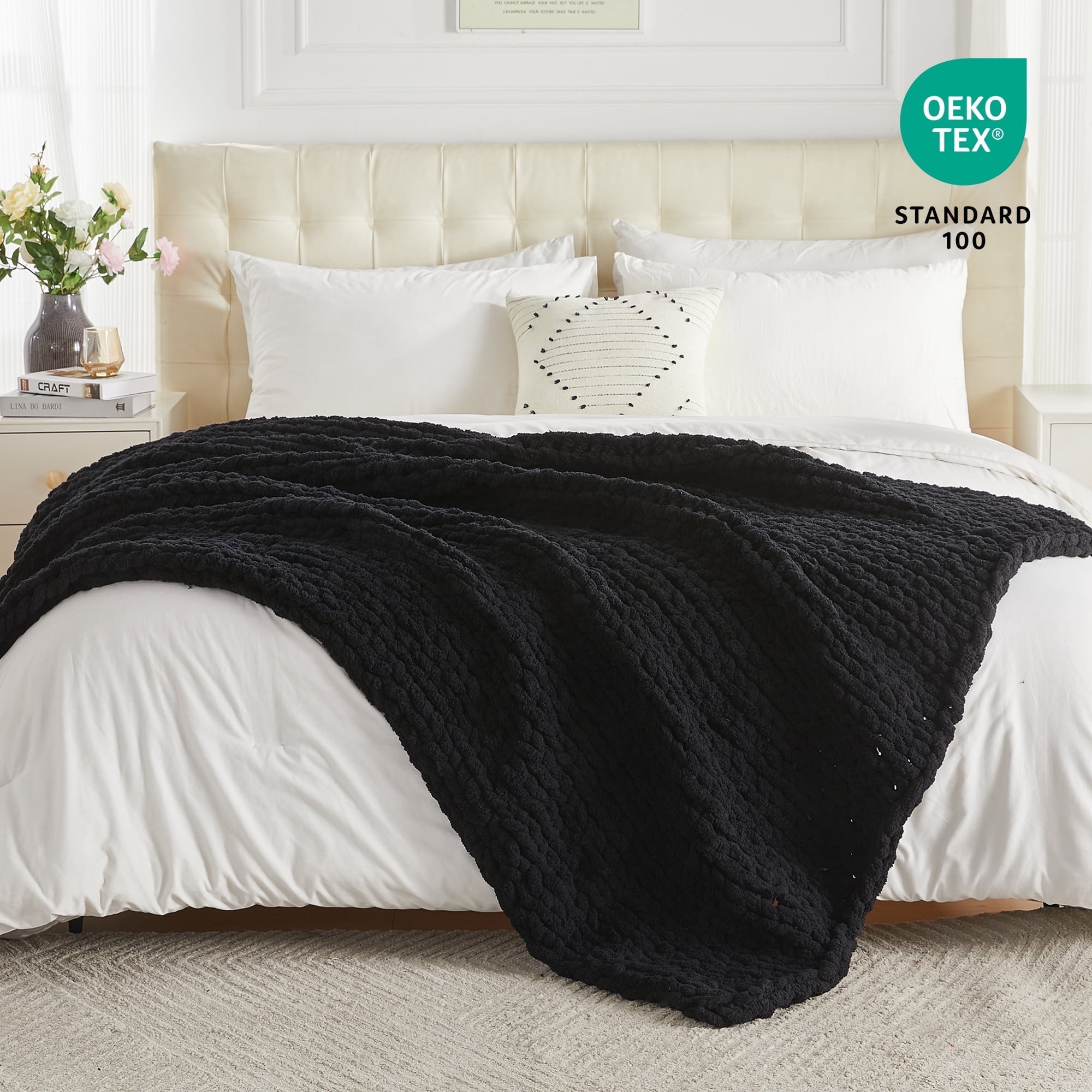 Carriediosa Chunky Knit Throw Blanket Handmade Soft Throws for Couch Sofa Bed, 50" x 60" Black