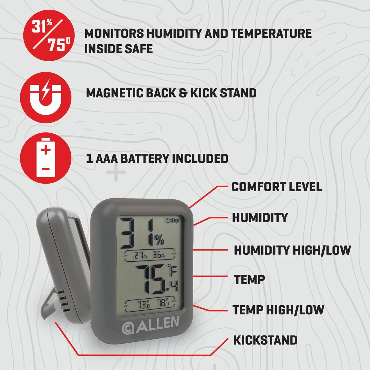 Allen Company Digital Electronic Hygrometer, Gray, Includes 1 AAA Battery, Fahrenheit & Celsius Measurements