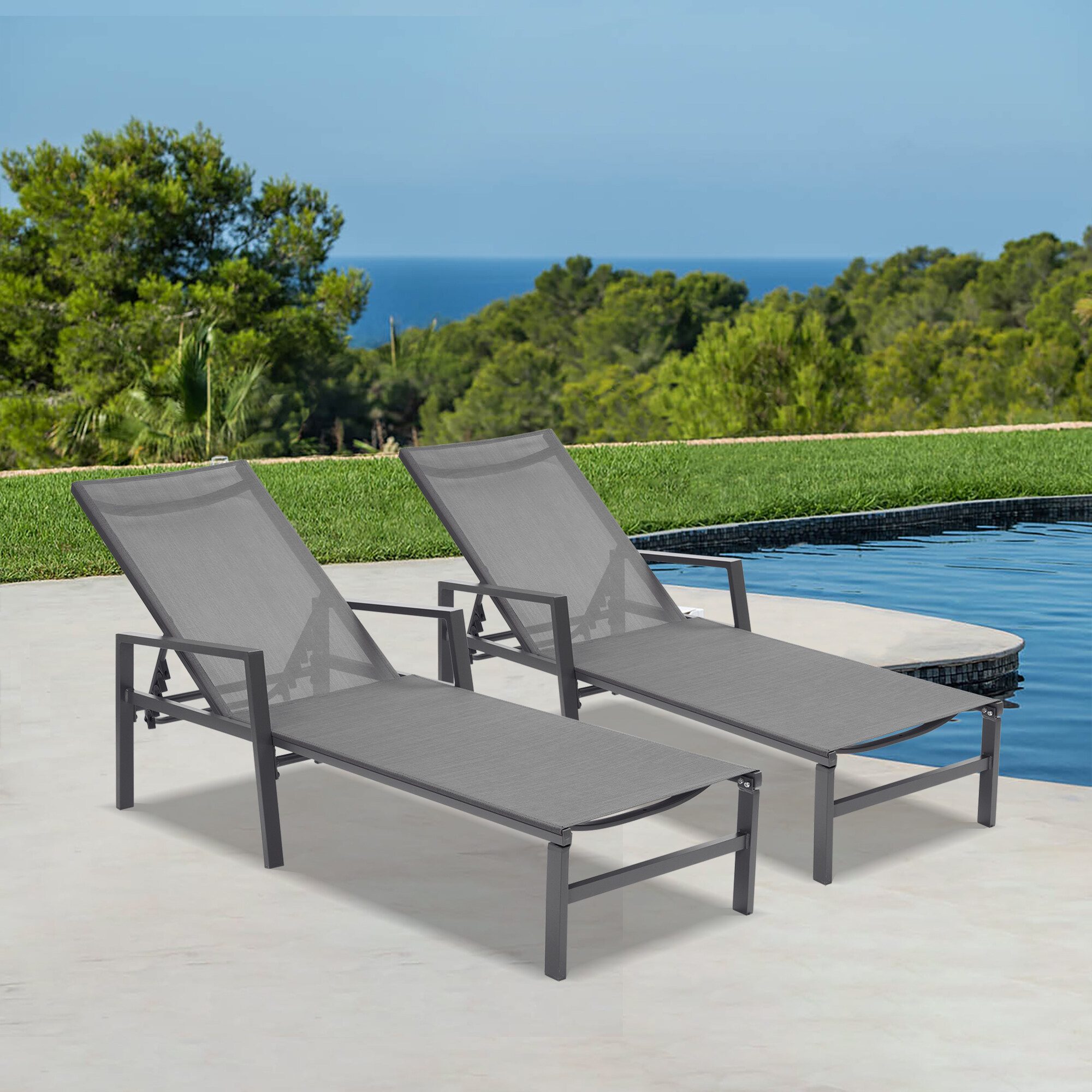 Outdoor 2Pcs Set Chaise Lounge Chairs, FivePosition Adjustable