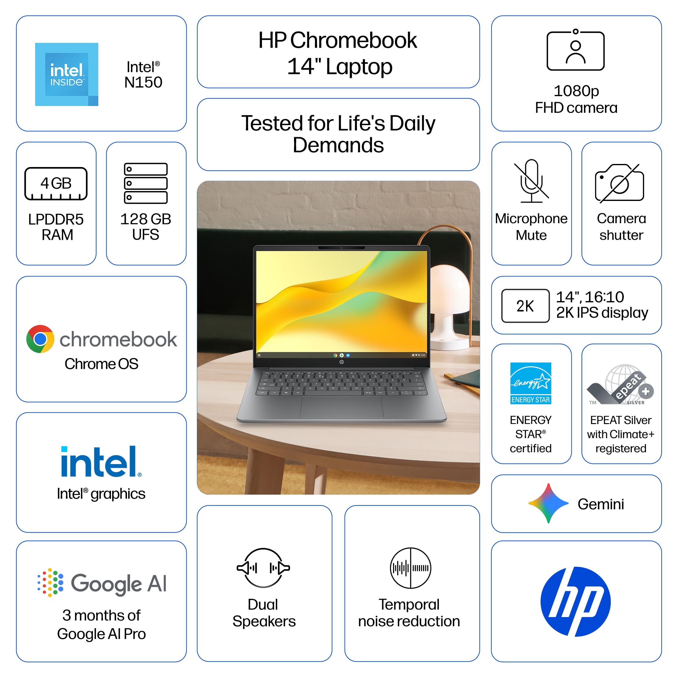 HP Chromebook 14 inch Laptop PC 2K IPS Chrome OS Intel N150 4GB 128GB UFS Meteor Silver