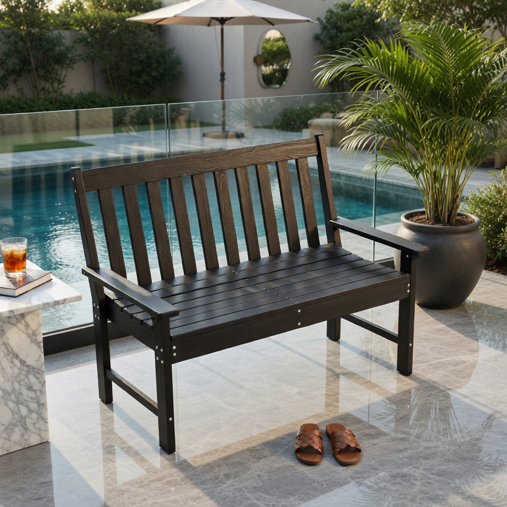 Hommoo 52" All-Weather HDPE Outdoor Bench, Heavy-Duty, Garden Bench with Backrest, Armrests & Slatted Design for Porch, Backyard & Patio, Black