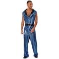 thumbnail image 5 of TiaoBug Men's Retro 70s Outfit Disco Dance Jumpsuit Sleeveless Shiny Metallic V-Neck Bodysuit Clubwear Blue L, 5 of 7