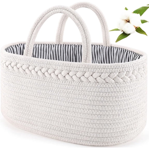 Baby Diaper Caddy, Nursery Storage Bin and Car Organizer for Diapers and Baby Wipes, Cotton Rope Diaper Basket Caddy, Changing Table Diaper Storage Caddy