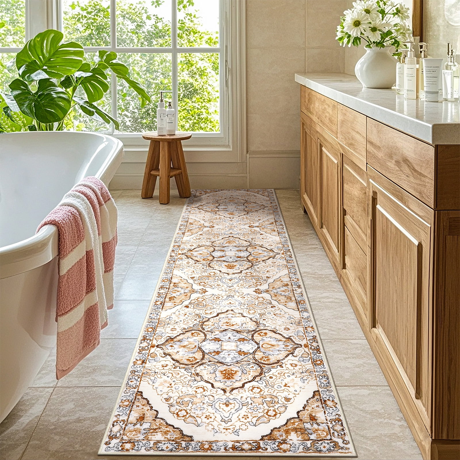 MeyJey Boho Indoor Hallway Runner Rug 2'x8', Oriental Non Slip Machine Washable Area Rug Distressed Vintage Floor Carpet for Bedroom Kitchen Dinning/Living/Laundry Room, Cream/Orange