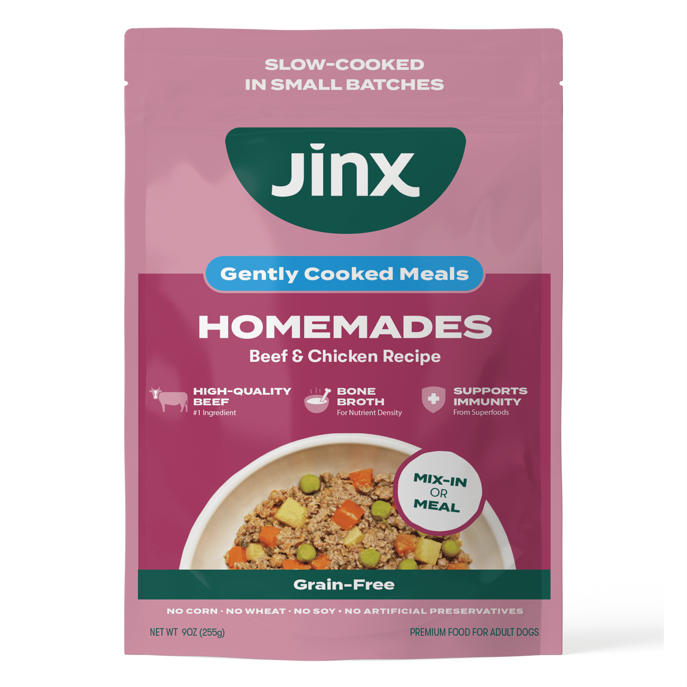 (3 pack) Jinx Homemades Beef & Chicken Recipe Wet Natural Dog Food, 9 oz Pouch