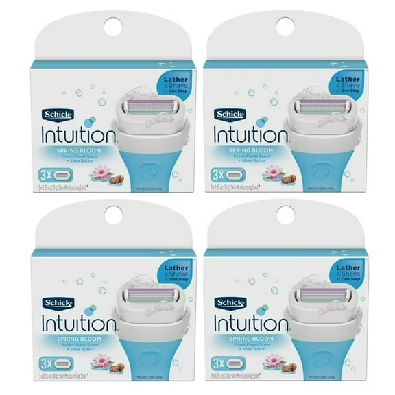 Schick Intuition Lather & Shave In One Stop Spring Bloom with Shea Butter, Fresh Floral Scent Women's Razor Blade Refills, 3 Ct Pack of 4 = 12 Cartridges