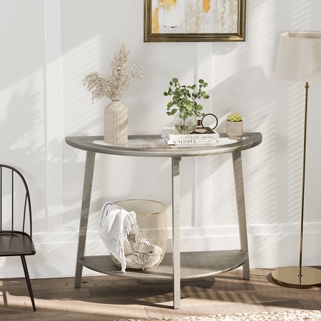 COSIEST Semi-Circular 2-Tier Wood Narrow Console Table  Antique Silver Entryway Table with Storage Shelf and Glass Top