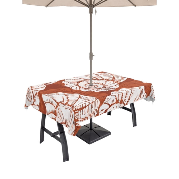 Outdoor Tablecloth with Umbrella Hole for Patio/Picnic/Party/Camping, Vintage Shell Burnt Orange Waterproof Table Cloth Rectangle Table Cover Washable, Summer Ocean Coastal (60"x 84")