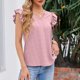 thumbnail image 4 of Camiseta transpirable de fibra de poliéster de manga corta con cuello con volantes ahuecado y cuello en V para mujer para primavera verano Rosa XL, 4 of 8