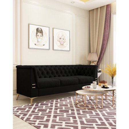 Unbranded 82.67'' Vintage Chesterfield Tufted Velvet Sofa Black