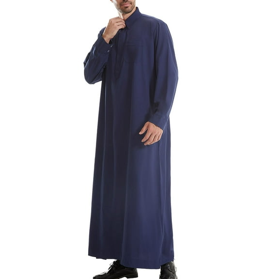 Solid Colored Men Robes Comfortable Breathable Fabric Traditional Clothing Long Sleeve Thobe for Daily Wear Mens Casual Crew Neck Basic Tees