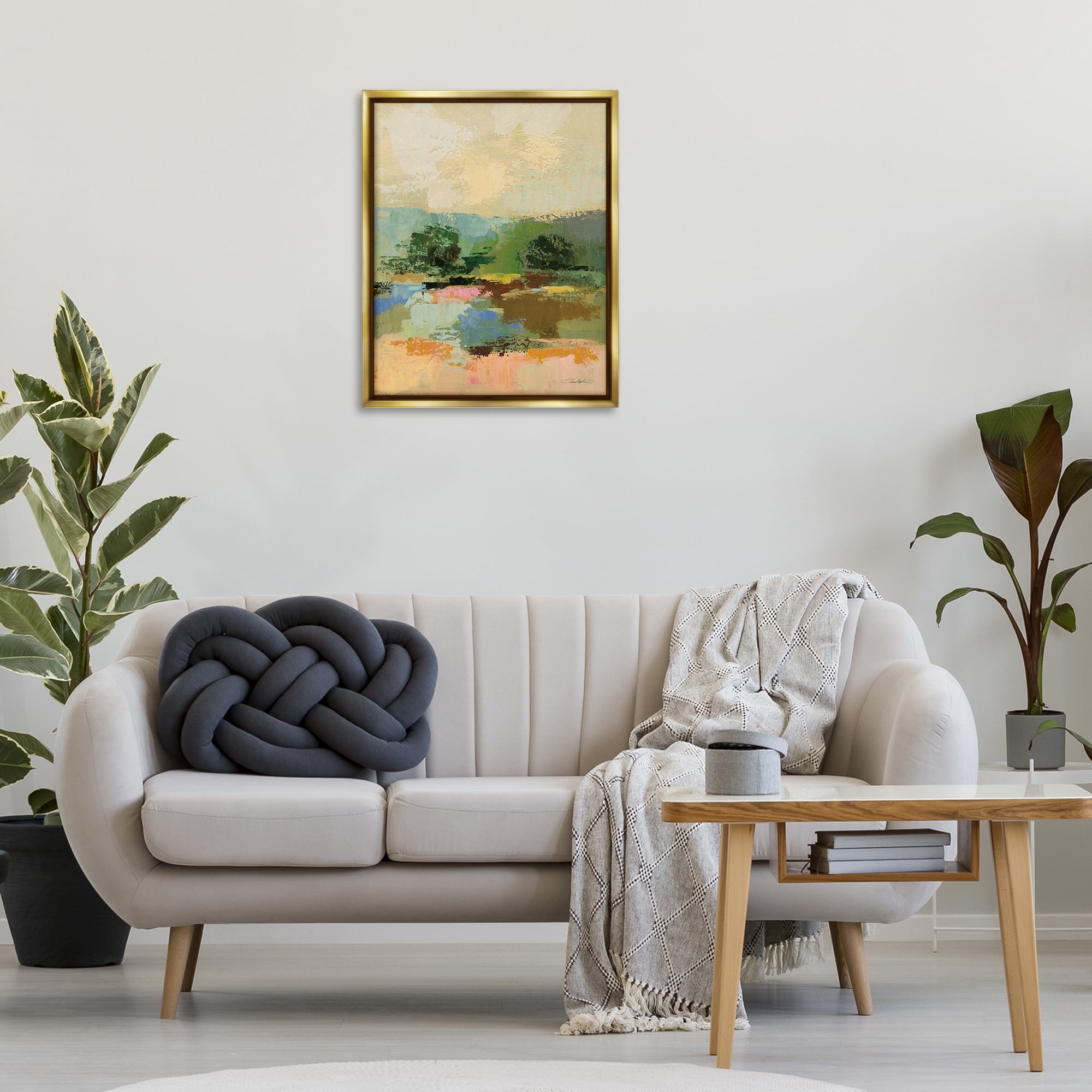 Stupell Industries Across The River Abstract Landscape Painting Gold Floater Framed Art Print Wall Art, 25 x 31