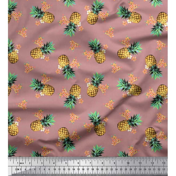 Soimoi Pink Viscose Chiffon Fabric Peach Floral & Pineapple Fruits Fabric Prints by Yard 42 Inch Wide