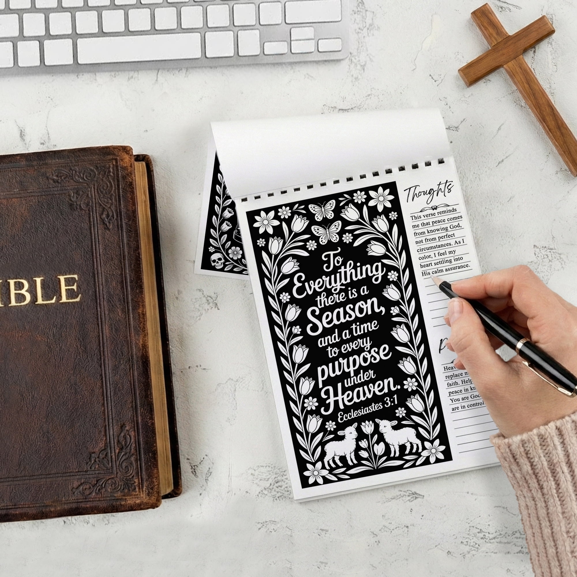 Ecclesiastes Monochrome Coloring Book for Adults, 30 Minimalist Scripture Art Pages with Reflection & Prayer Space, Spiral Bound, A4 or A5 Softcover or Wood Cover