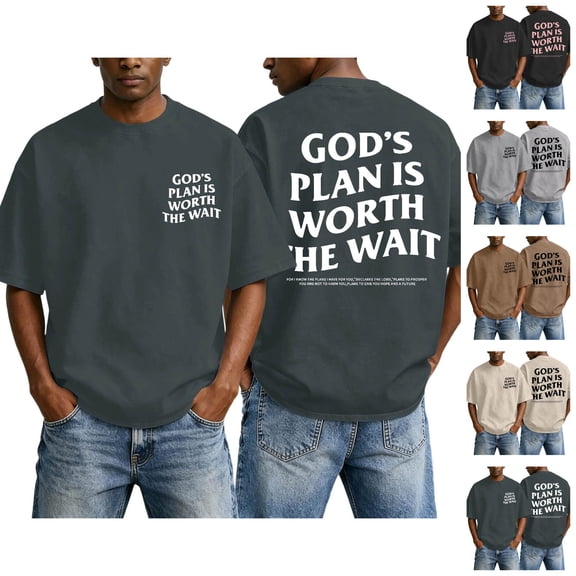 Christian Graphic Shirts for Men God's Plan Is Worth The Wait Oversized Acid Wash Tshirt Faith Back Print Religious T-shirts Casual Tops for Streetwear Summer Vacation
