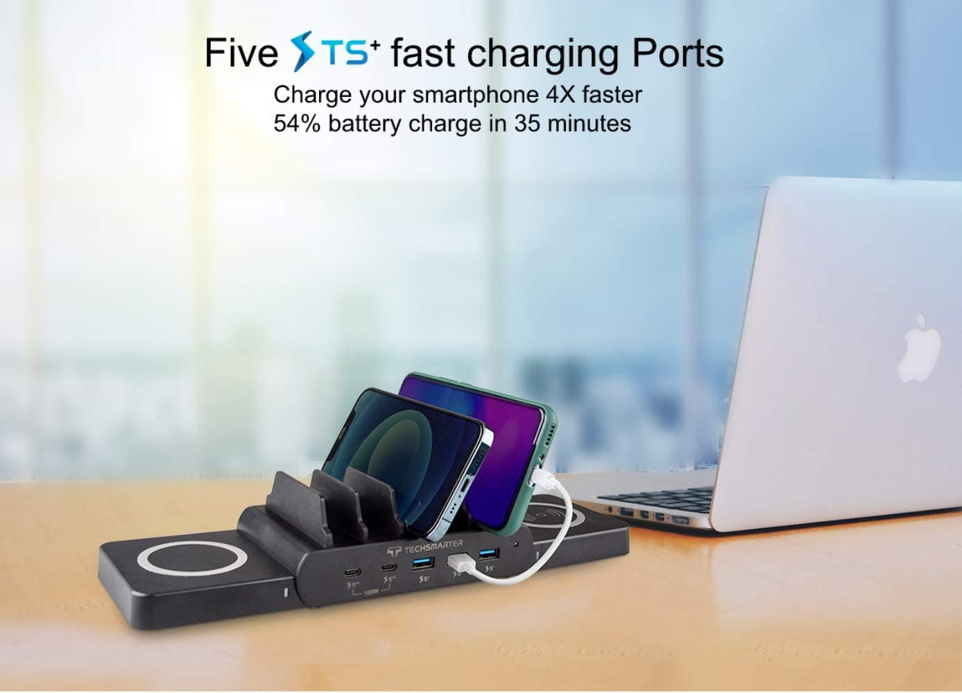 Techsmarter 7-Port Charging Station with 100W Dual USB-C PD, Dual 15W Wireless Charger, Three 18W Fast Charging USB Ports. Compatible with MacBook, iPad, iPhone, Samsung, Dell, HP, ThinkPad, Yoga