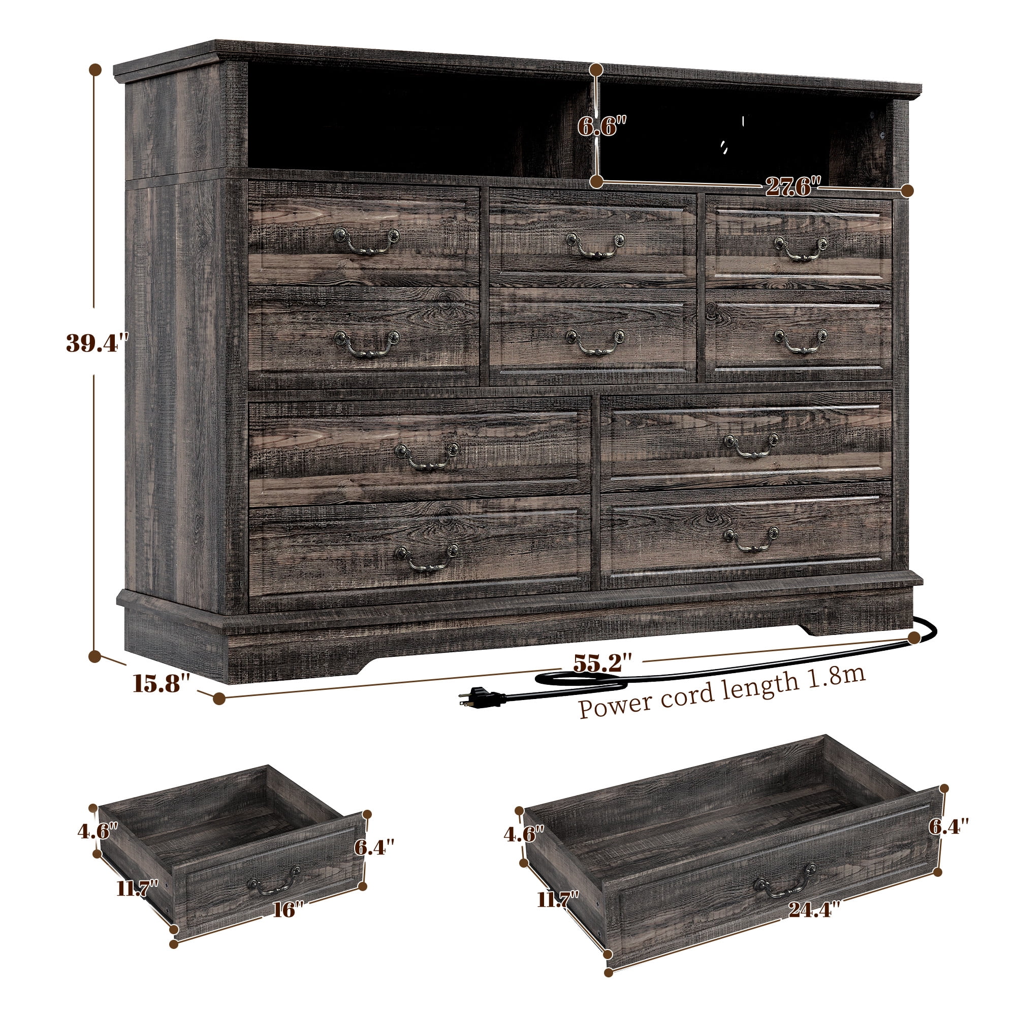 EnHomee Wood Dresser 10 Drawers Dressers for Bedroom with LED Lights and Power Outlets,Rustic Oak