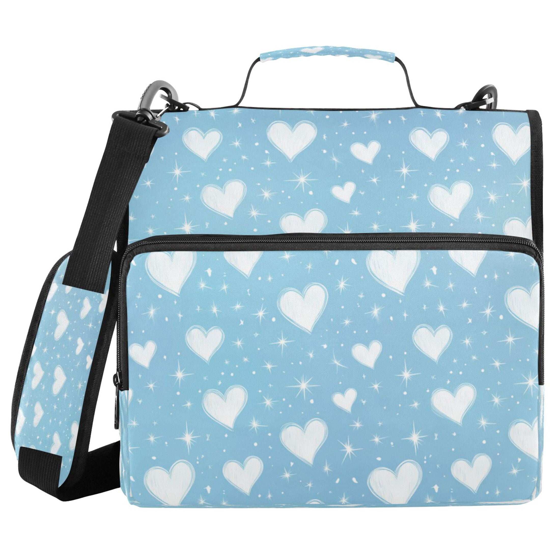 3 Ring Zipper Binder Stationery Organizer for Study Work Home Travel, All-Purpose File Folder Storage Bag for Daily Document Organization Soft Heart Line Art on Blue