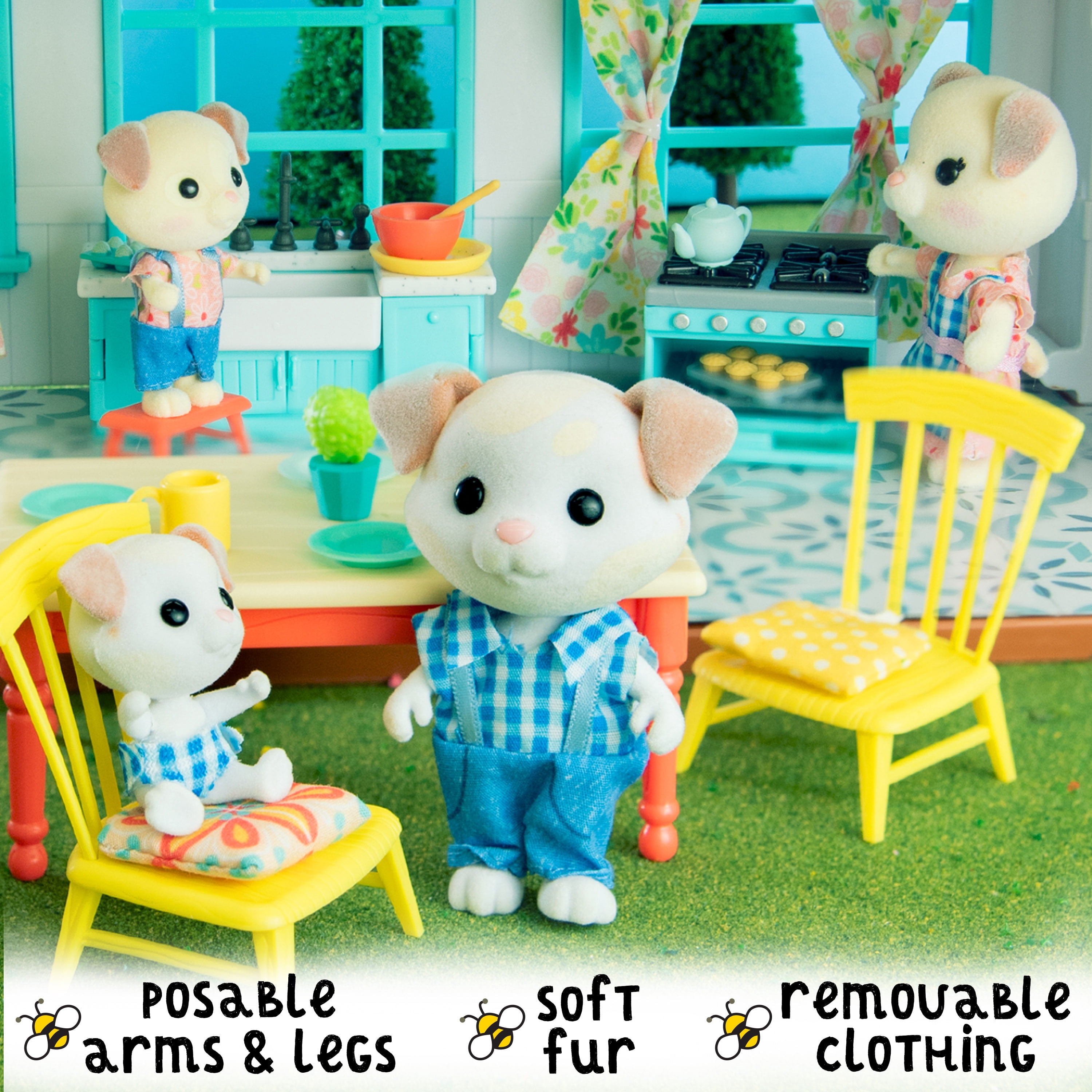 Honey Bee Acres Barksters Dog Family – Includes 4 Miniature Flocked Animal Figures with Removable Outfits – Dollhouse Toy Set for Kids Ages 3+