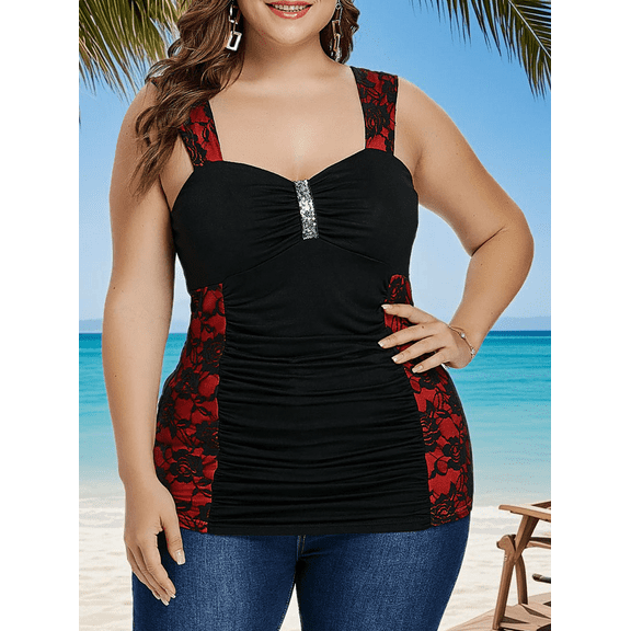 Plus Size Sleeveless Lace Patchwork Tank Top – Ruched Black Cami with Red Floral Lace and Rhinestone Accent