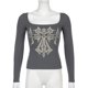 thumbnail image 5 of Top corto de punto vintage informal estampado para mujer, camiseta de manga larga con cuello cuadrado y hombros descubiertos, tops grunge estilo Harajuku, 5 of 6