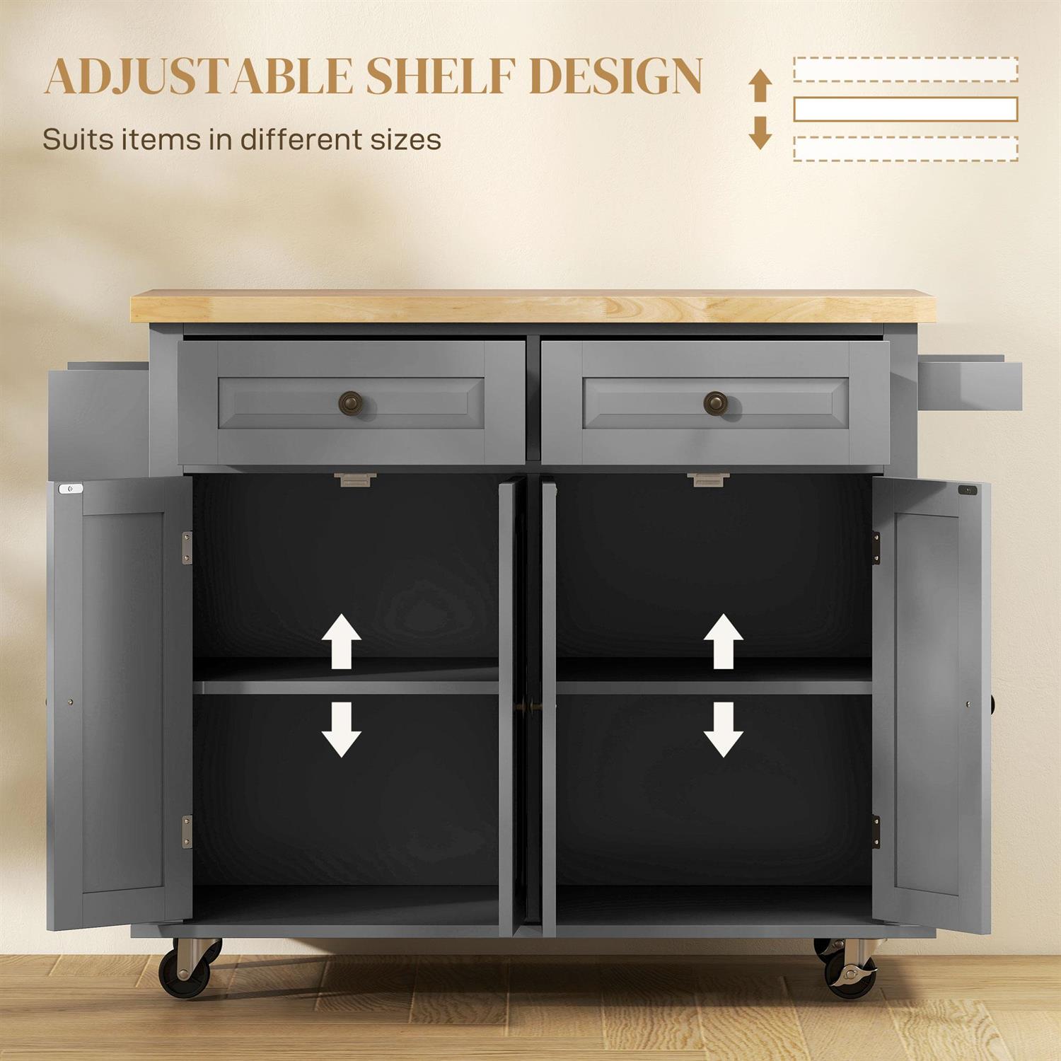 Demi Bonn 43" Rolling Kitchen Island Table Cart with Rubber Wood Top, Drawers, Adjustable Shelves, Spice Rack and Towel Rack for Dining Room, Gray