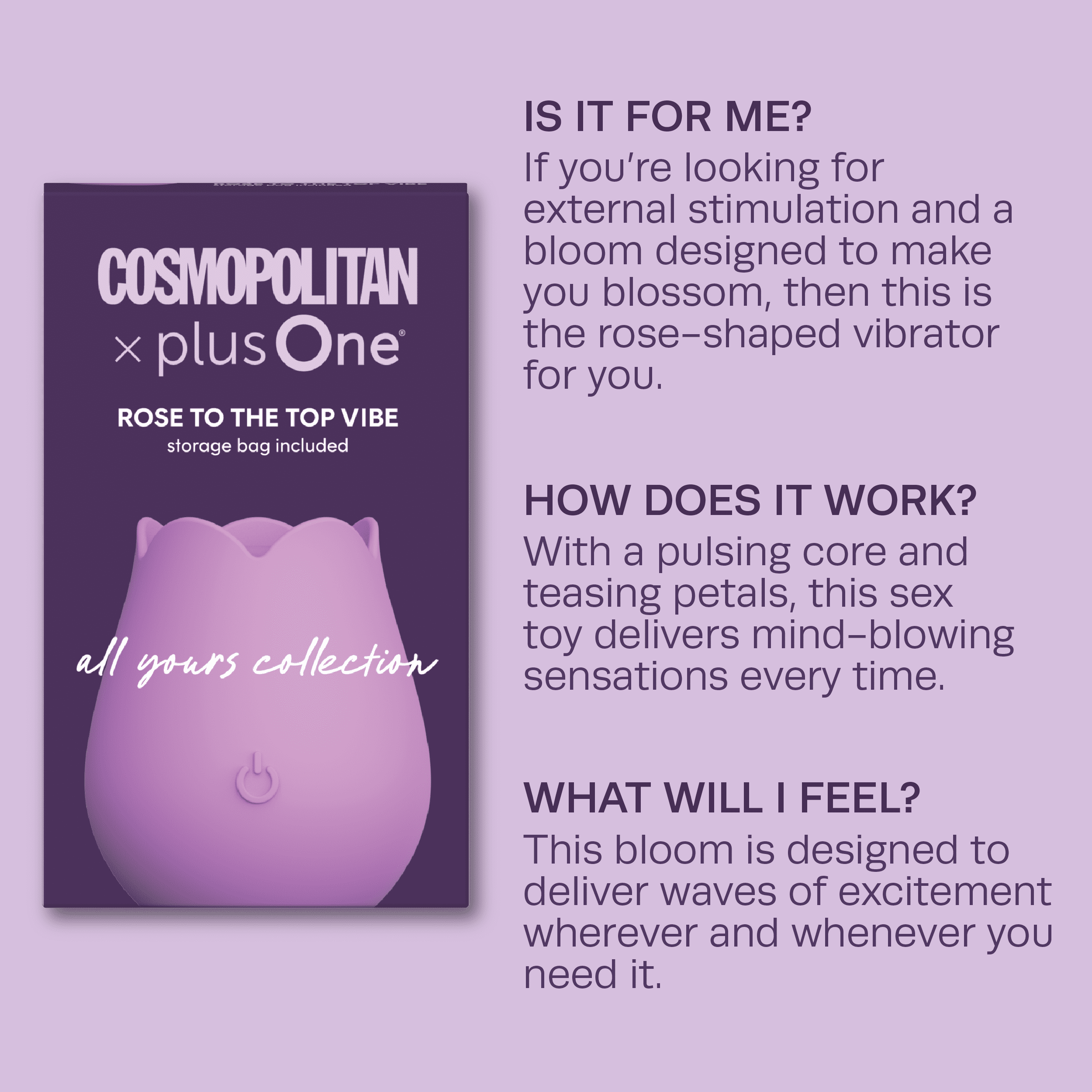 Cosmopolitan X plusOne 'Rose to the Top' Vibrator with Storage Bag, Magnetic Charging and USB Cable, Lavender