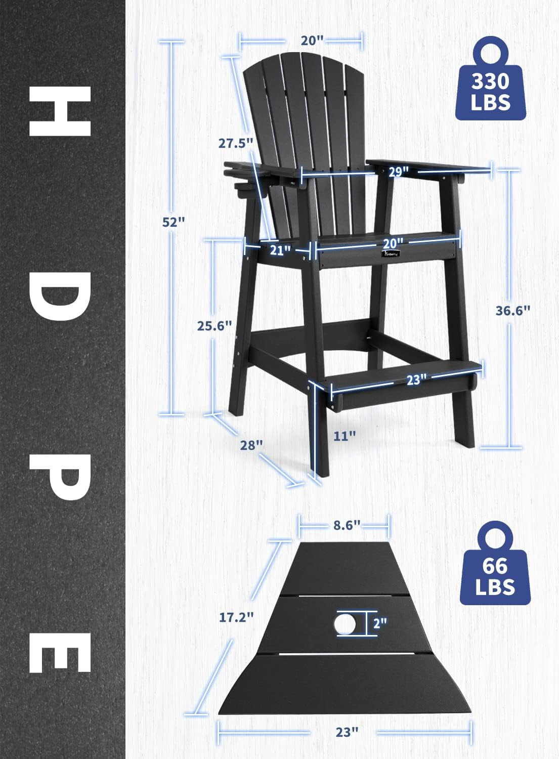 FUNBERRY Tall Adirondack Chairs Set of 2 with Removable Connecting Table, All Weather High Top Balcony Chair with Cup Holders