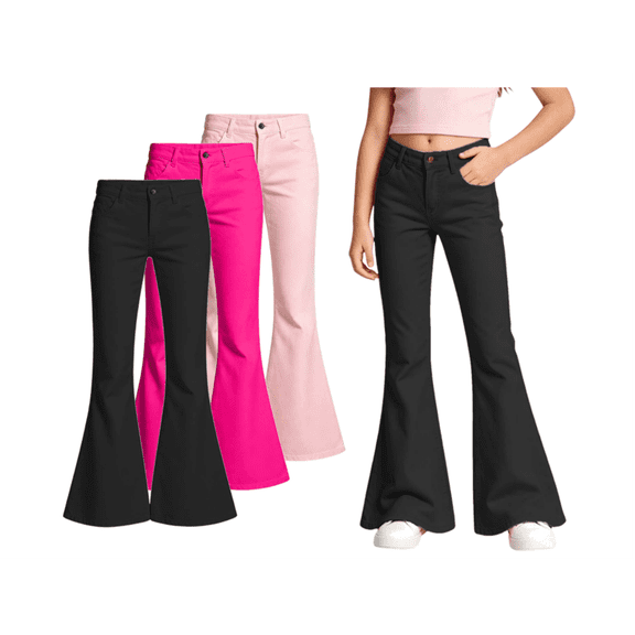 TGPMGRZ 3 Pack Girls Uniform Pants, Bell Bottoms for Girls School Uniforms, Flare Pants with Front Buttons & Pockets